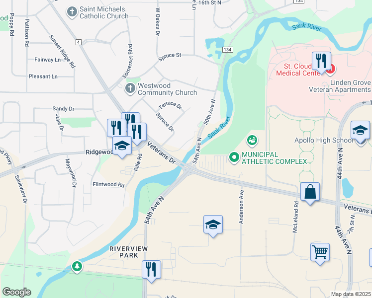 map of restaurants, bars, coffee shops, grocery stores, and more near 827 Chestnut Court in St. Cloud
