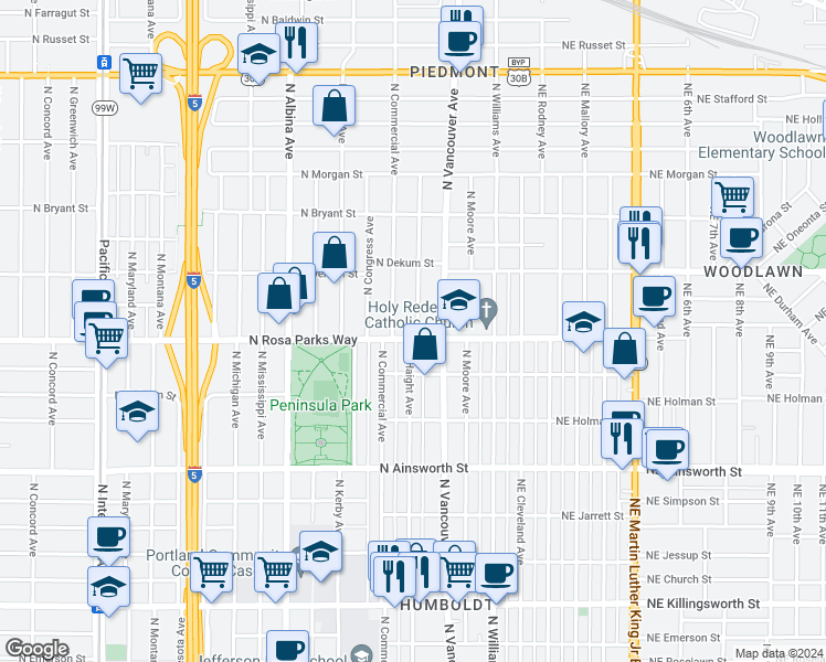 map of restaurants, bars, coffee shops, grocery stores, and more near 405 North Rosa parks Way in Portland