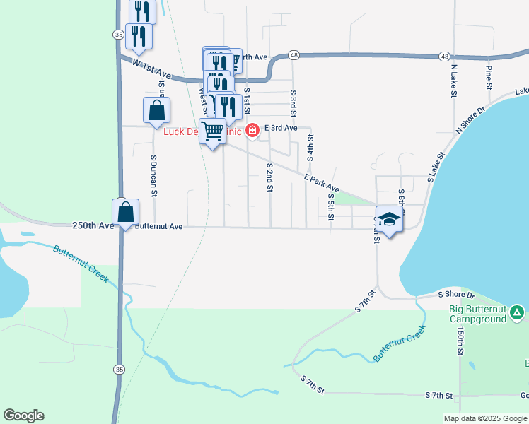 map of restaurants, bars, coffee shops, grocery stores, and more near 615 South 2nd Street in Luck