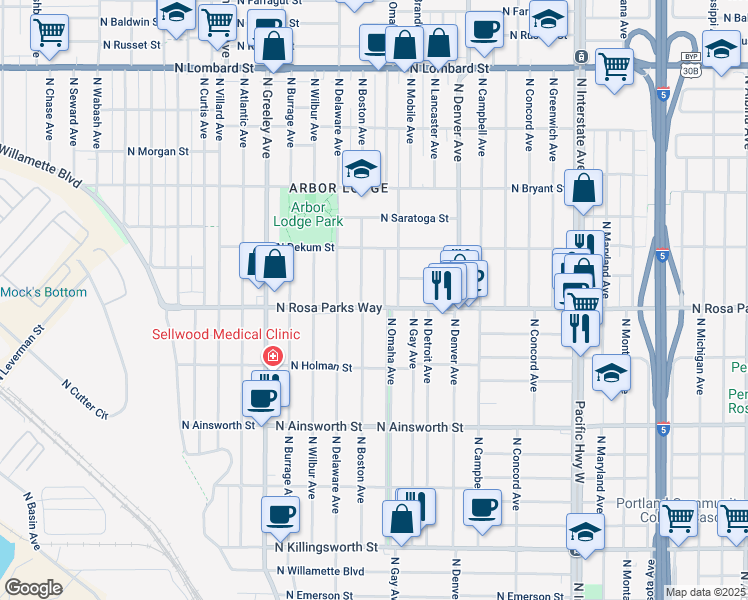 map of restaurants, bars, coffee shops, grocery stores, and more near 2325 North Rosa parks Way in Portland