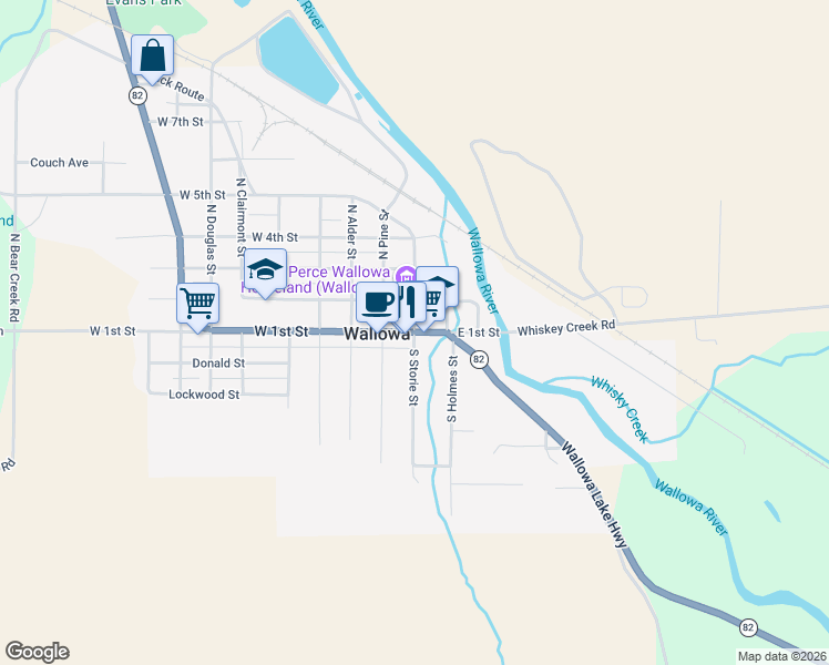 map of restaurants, bars, coffee shops, grocery stores, and more near East 1st Street in Wallowa