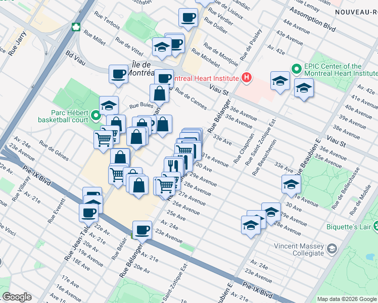 map of restaurants, bars, coffee shops, grocery stores, and more near 6966 31e Avenue in Montréal
