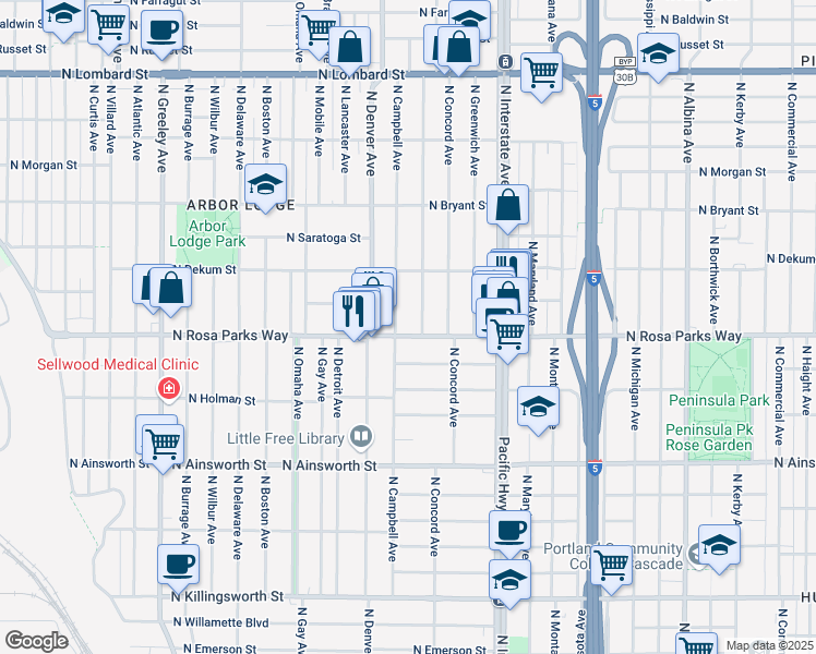 map of restaurants, bars, coffee shops, grocery stores, and more near 1907 North Rosa parks Way in Portland