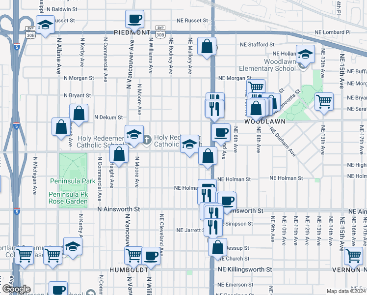map of restaurants, bars, coffee shops, grocery stores, and more near 149 Northeast Rosa Parks Way in Portland