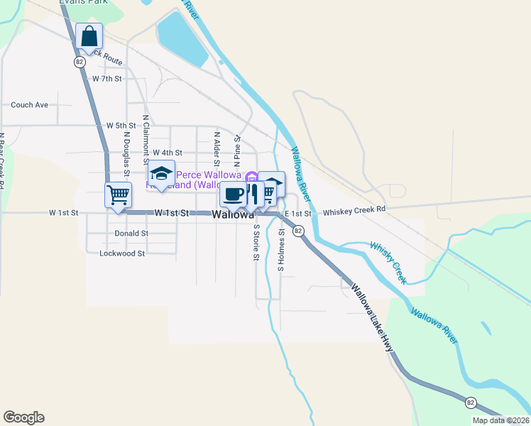 map of restaurants, bars, coffee shops, grocery stores, and more near East 1st Street in Wallowa