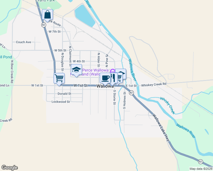 map of restaurants, bars, coffee shops, grocery stores, and more near 101 South Pine Street in Wallowa