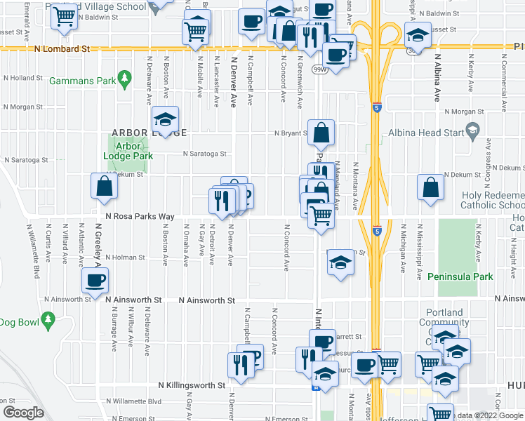 map of restaurants, bars, coffee shops, grocery stores, and more near 1737 North Rosa parks Way in Portland