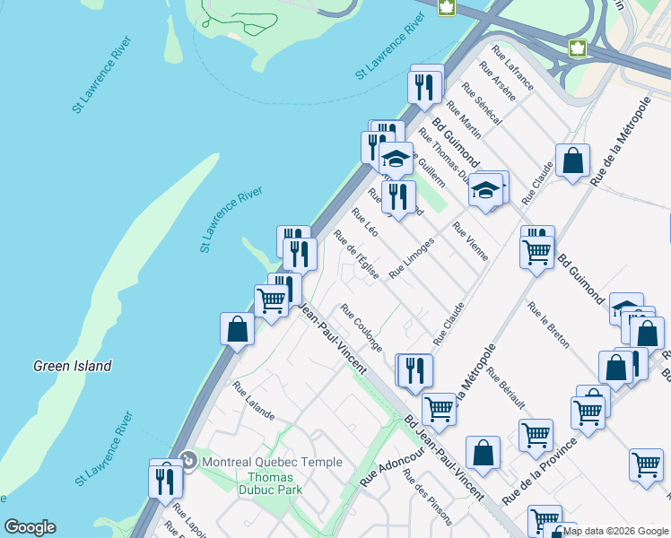 map of restaurants, bars, coffee shops, grocery stores, and more near 80 Rue de l'Église in Longueuil