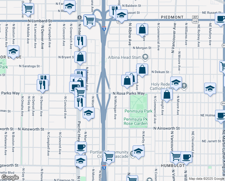 map of restaurants, bars, coffee shops, grocery stores, and more near 1025 North Rosa parks Way in Portland