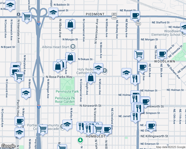 map of restaurants, bars, coffee shops, grocery stores, and more near 303 North Rosa parks Way in Portland
