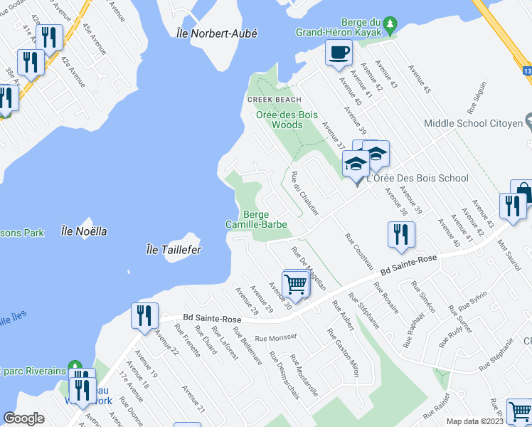 map of restaurants, bars, coffee shops, grocery stores, and more near 4340 Rue du Catamaran in Laval