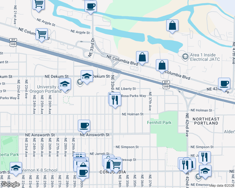 map of restaurants, bars, coffee shops, grocery stores, and more near 3406 Northeast Rosa Parks Way in Portland