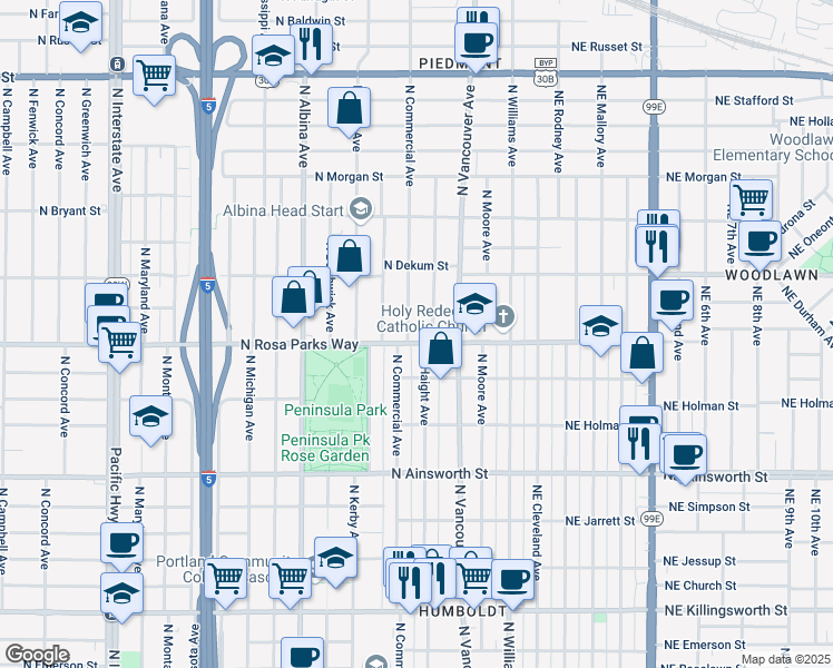 map of restaurants, bars, coffee shops, grocery stores, and more near 405 North Rosa parks Way in Portland