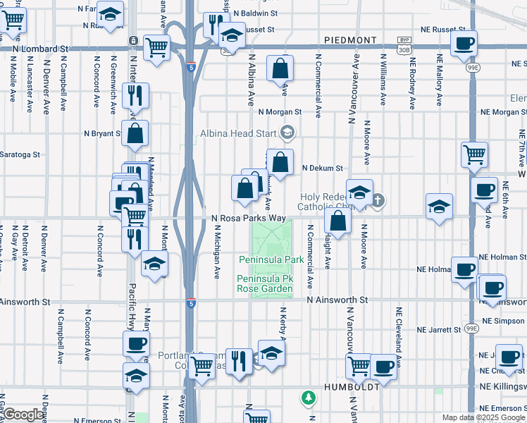 map of restaurants, bars, coffee shops, grocery stores, and more near 700 North Rosa parks Way in Portland
