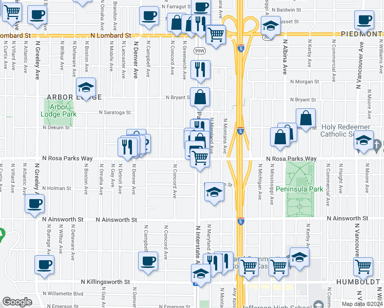 map of restaurants, bars, coffee shops, grocery stores, and more near in Portland
