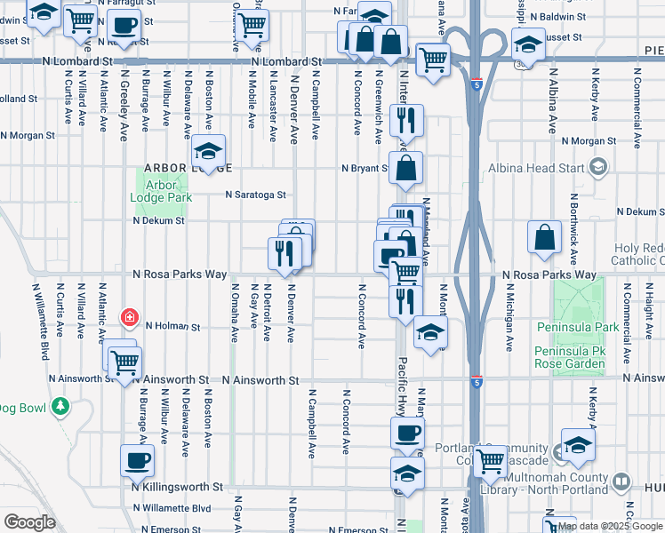 map of restaurants, bars, coffee shops, grocery stores, and more near 1737 North Rosa parks Way in Portland
