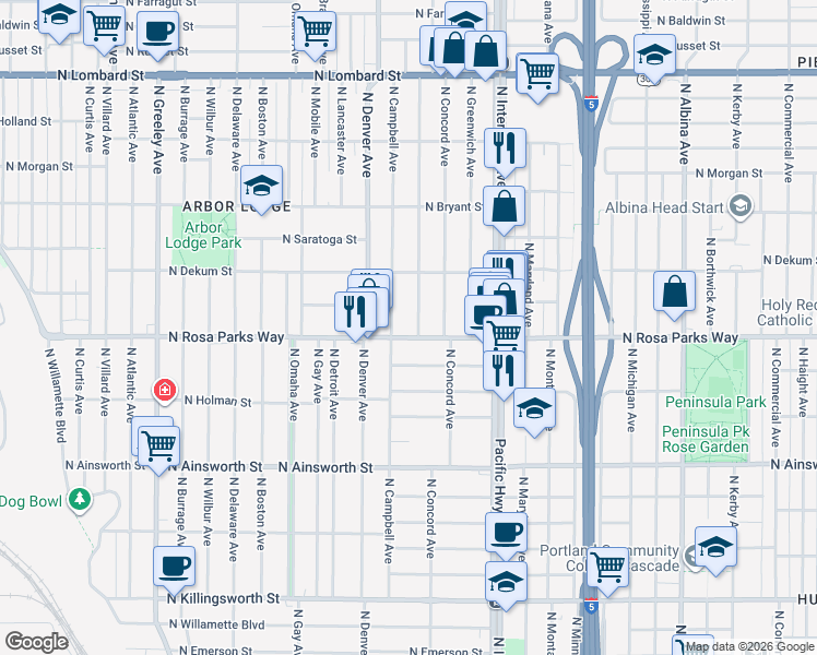 map of restaurants, bars, coffee shops, grocery stores, and more near 1737 North Rosa parks Way in Portland