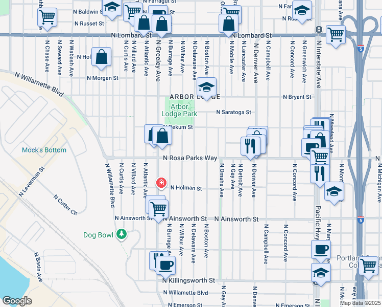 map of restaurants, bars, coffee shops, grocery stores, and more near 2506 North Rosa parks Way in Portland