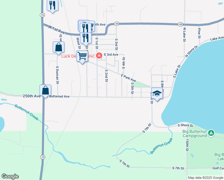 map of restaurants, bars, coffee shops, grocery stores, and more near 615 South 2nd Street in Luck