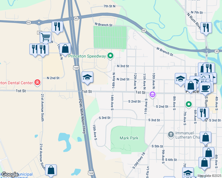 map of restaurants, bars, coffee shops, grocery stores, and more near 1402 1st Street in Princeton