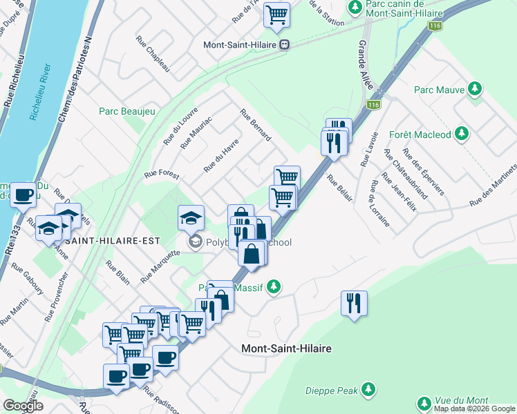 map of restaurants, bars, coffee shops, grocery stores, and more near 575 Rue Belval in Mont-Saint-Hilaire