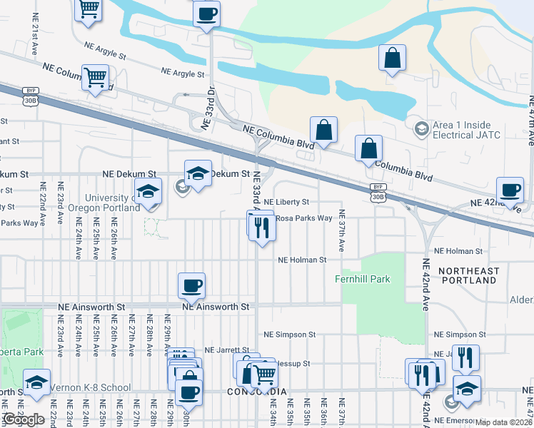 map of restaurants, bars, coffee shops, grocery stores, and more near 3406 Northeast Rosa Parks Way in Portland