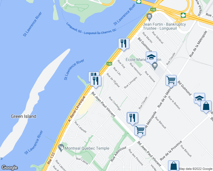 map of restaurants, bars, coffee shops, grocery stores, and more near 80 Rue de l'Église in Longueuil