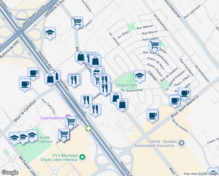 map of restaurants, bars, coffee shops, grocery stores, and more near 1945 Boulevard le Corbusier in Laval