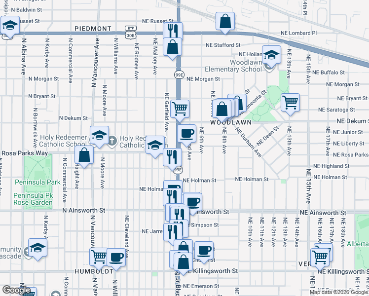 map of restaurants, bars, coffee shops, grocery stores, and more near 431-435 Northeast Rosa Parks Way in Portland