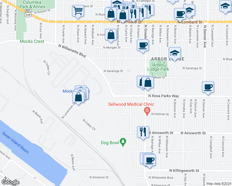 map of restaurants, bars, coffee shops, grocery stores, and more near 3219 North Willamette Boulevard in Portland