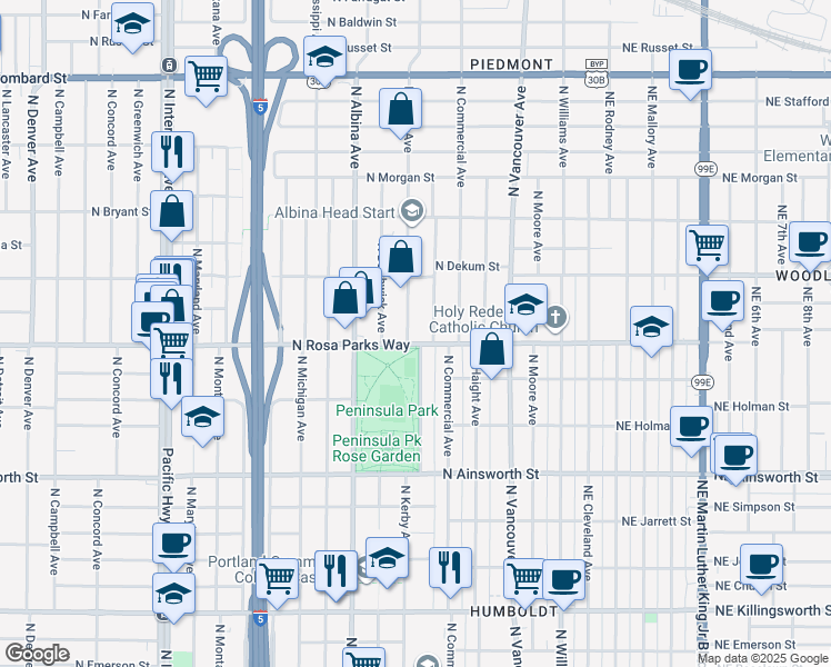 map of restaurants, bars, coffee shops, grocery stores, and more near 587 North Rosa parks Way in Portland
