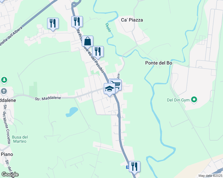 map of restaurants, bars, coffee shops, grocery stores, and more near Strada Provinciale 46 del Pasubio in Vicenza