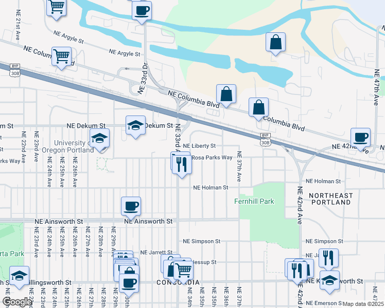 map of restaurants, bars, coffee shops, grocery stores, and more near 3406 Northeast Rosa Parks Way in Portland