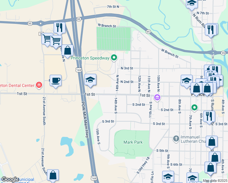 map of restaurants, bars, coffee shops, grocery stores, and more near 1402 1st Street in Princeton