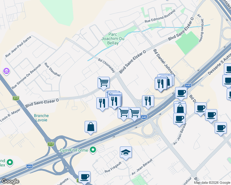 map of restaurants, bars, coffee shops, grocery stores, and more near 3410 Boulevard Saint-Elzéar Ouest in Laval