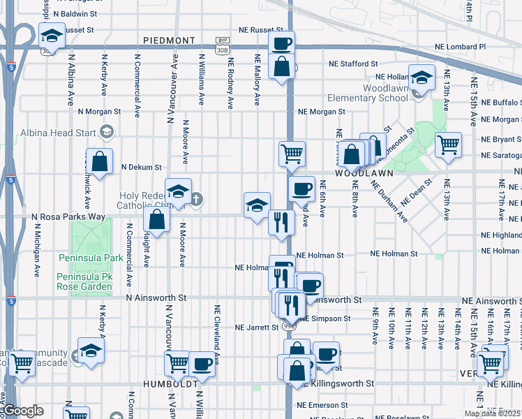 map of restaurants, bars, coffee shops, grocery stores, and more near 205 Northeast Rosa Parks Way in Portland