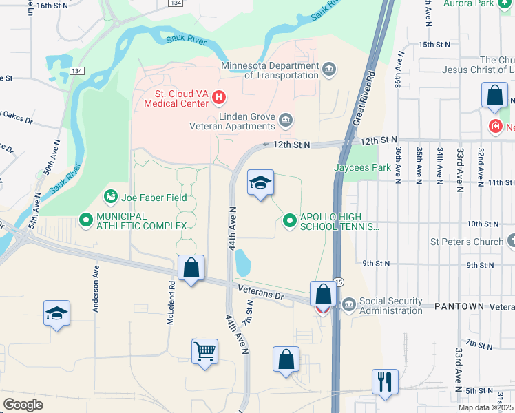 map of restaurants, bars, coffee shops, grocery stores, and more near 1000 44th Avenue North in Saint Cloud