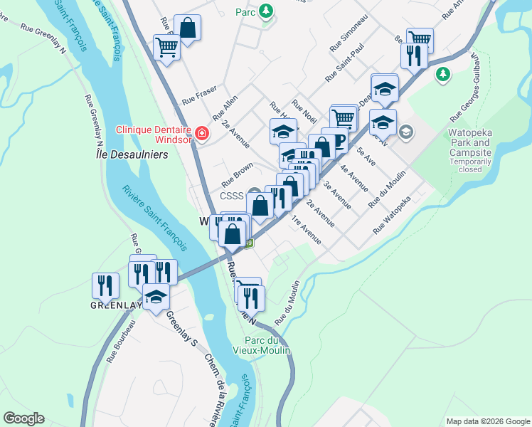 map of restaurants, bars, coffee shops, grocery stores, and more near 71 Rue de l'Église in Windsor