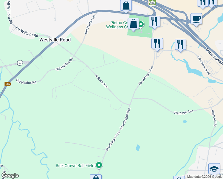 map of restaurants, bars, coffee shops, grocery stores, and more near 410 Auburn Avenue in Stellarton