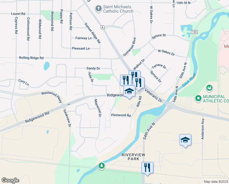 map of restaurants, bars, coffee shops, grocery stores, and more near 5833 Ridgewood Road in St. Cloud