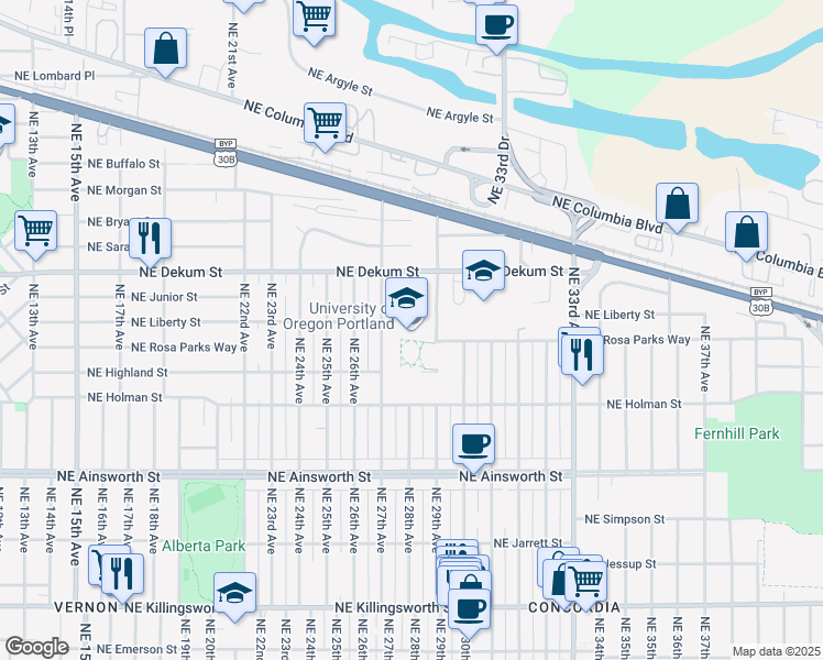 map of restaurants, bars, coffee shops, grocery stores, and more near 2800 Northeast Liberty Street in Portland