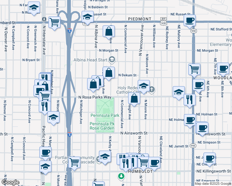 map of restaurants, bars, coffee shops, grocery stores, and more near 531 North Rosa parks Way in Portland