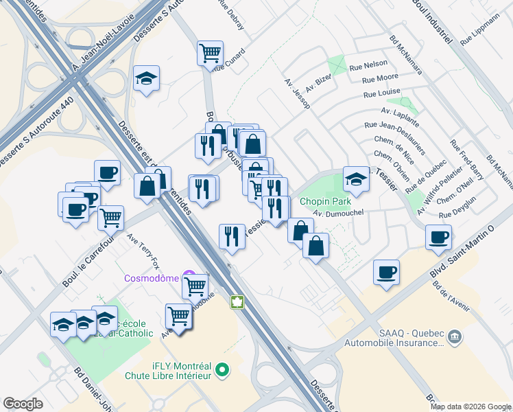map of restaurants, bars, coffee shops, grocery stores, and more near 2100 Boulevard le Corbusier in Laval