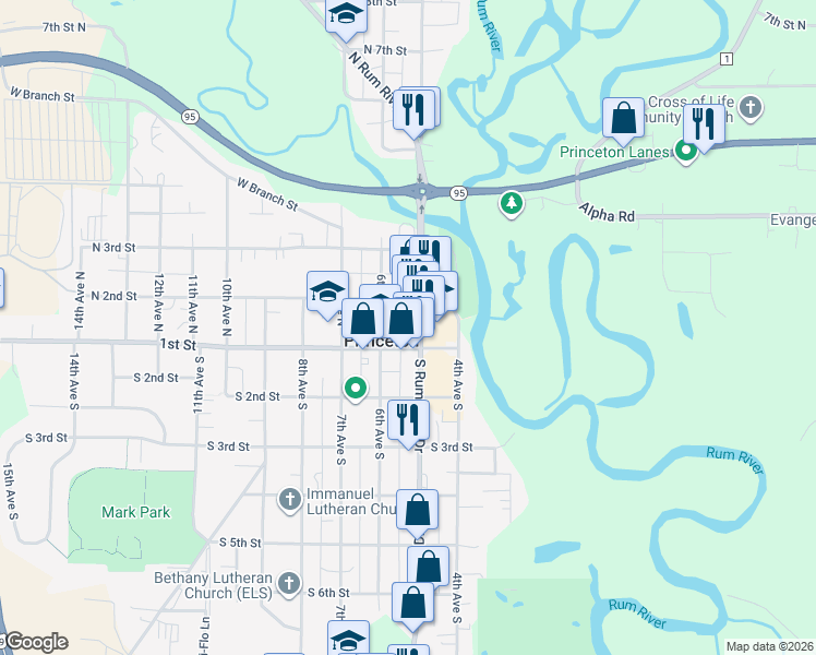 map of restaurants, bars, coffee shops, grocery stores, and more near 106 North Rum River Drive in Princeton