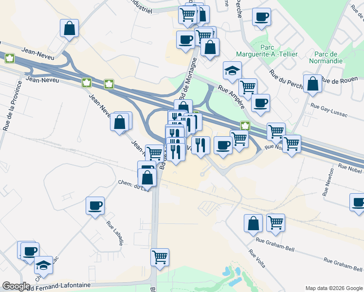 map of restaurants, bars, coffee shops, grocery stores, and more near 1165 Rue Volta in Boucherville