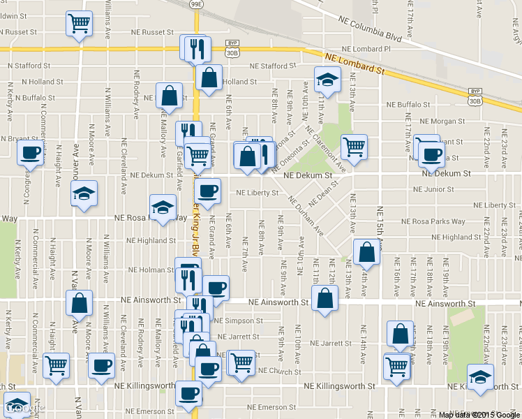 map of restaurants, bars, coffee shops, grocery stores, and more near Northeast Rosa Parks Way & Northeast 8th Avenue in Portland