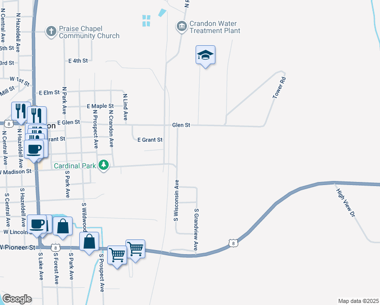 map of restaurants, bars, coffee shops, grocery stores, and more near 701 East Madison Street in Crandon