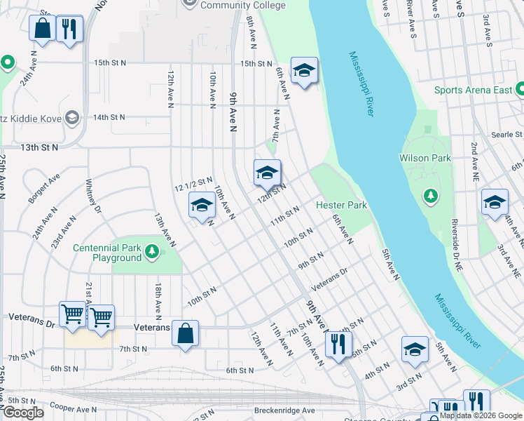 map of restaurants, bars, coffee shops, grocery stores, and more near 1108 9th Avenue North in St. Cloud
