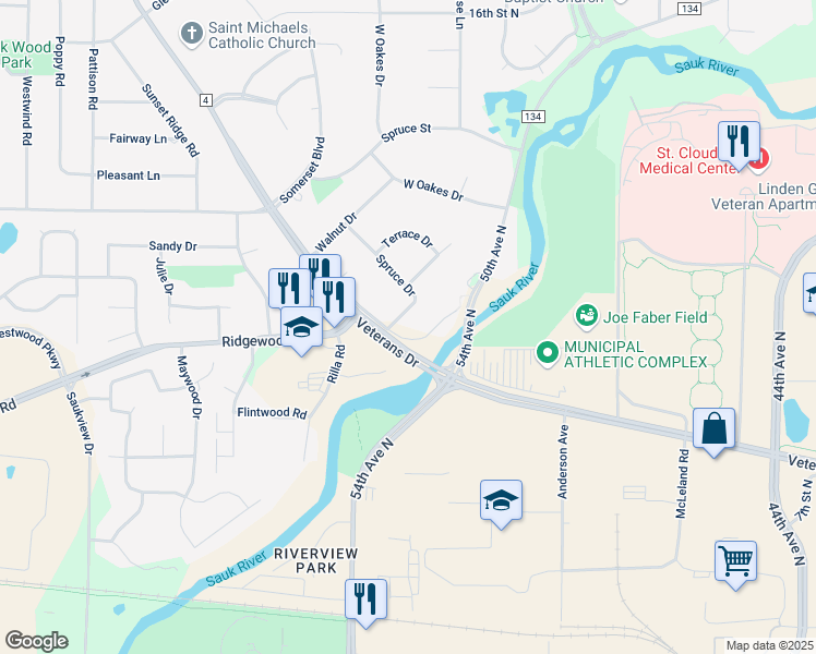 map of restaurants, bars, coffee shops, grocery stores, and more near 850 Chestnut Court in St. Cloud