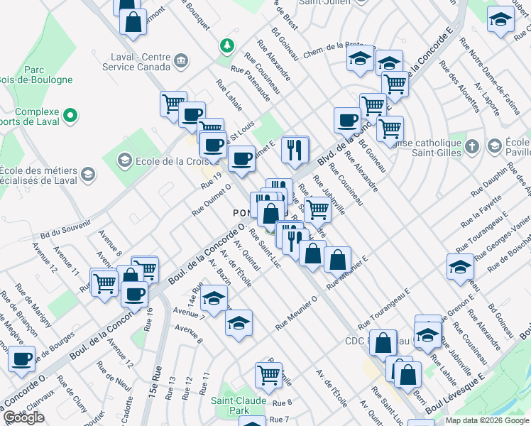 map of restaurants, bars, coffee shops, grocery stores, and more near 500 Boulevard des Laurentides in Laval